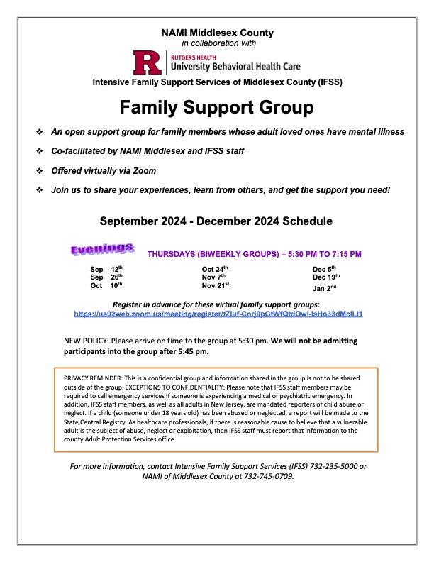 IFSS-NAMI Middlesex Family Support Group Schedule